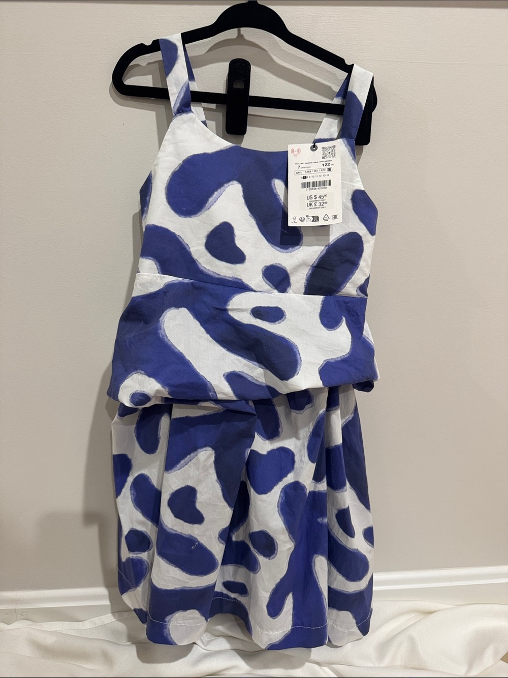 Zara White and Blue Printed Tank Dress for Girls